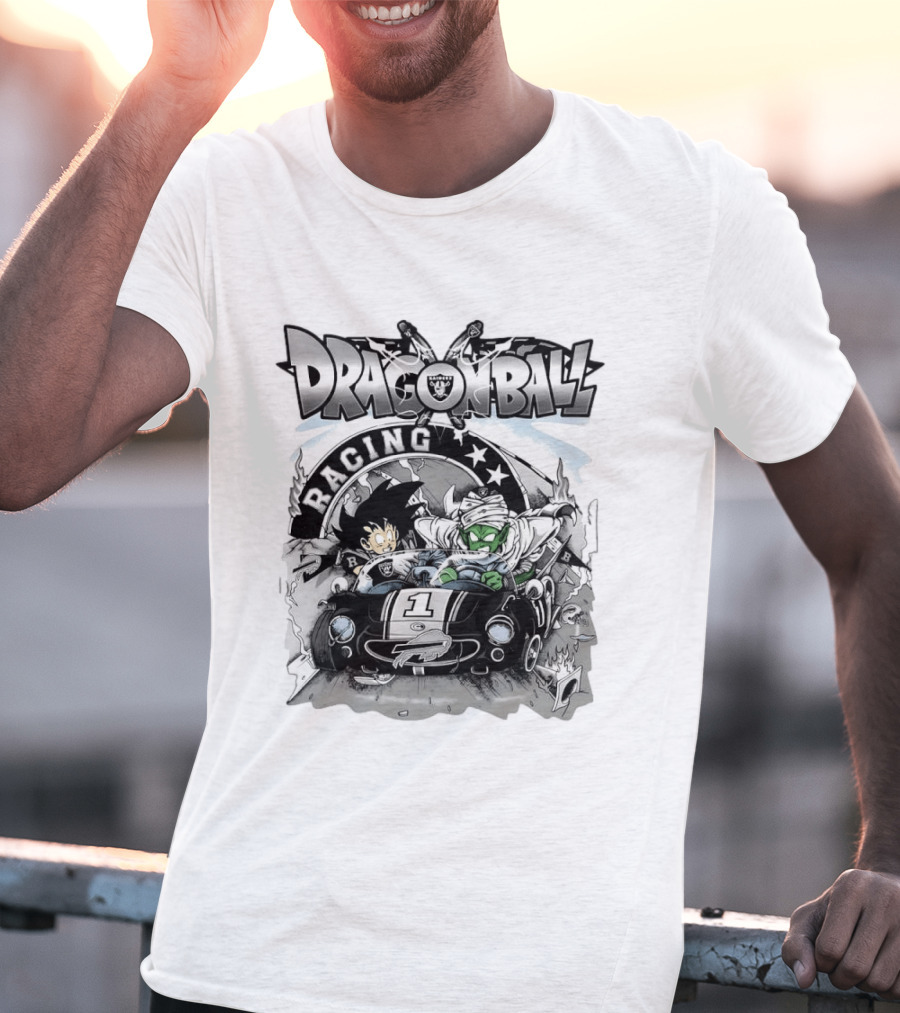 Las Vegas Raiders Dragon Ball Racing Goku Piccolo Driving Black Car Cartoon Raiders NFL T-Shirt