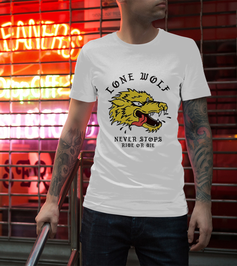 Lone Wolf Never Stops Ride Or Die Fierce Yellow Wolf Head T-Shirt