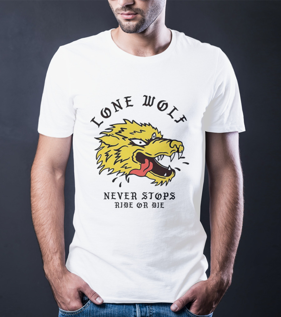 Lone Wolf Never Stops Ride Or Die Fierce Yellow Wolf Head T-Shirt