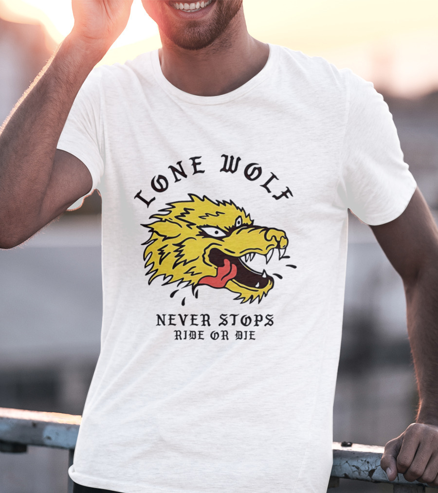 Lone Wolf Never Stops Ride Or Die Fierce Yellow Wolf Head T-Shirt