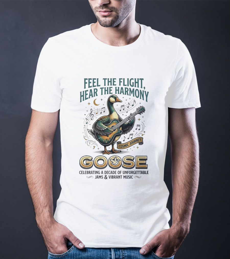 Goose Feel The Flight Hear The Harmony Cosmic Journey Celebrating A Decade Of Unforgettable Jams And Vibrant Music Moon Guitar Notes T-Shirt