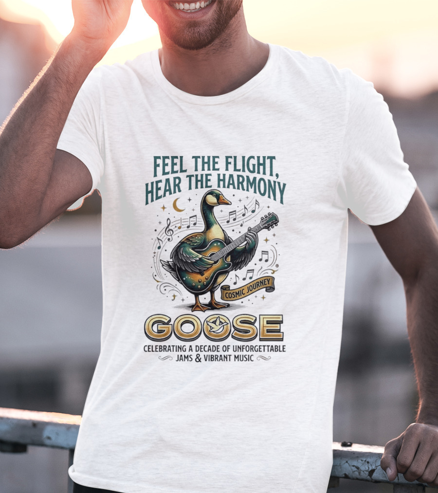 Goose Feel The Flight Hear The Harmony Cosmic Journey Celebrating A Decade Of Unforgettable Jams And Vibrant Music Moon Guitar Notes T-Shirt