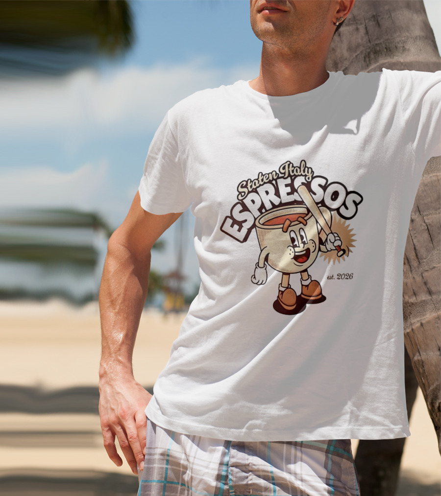 Staten Italy Espressos Est 2026 Cartoon Coffee Cup With Baseball Bat T-Shirt