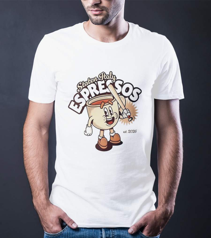 Staten Italy Espressos Est 2026 Cartoon Coffee Cup With Baseball Bat T-Shirt