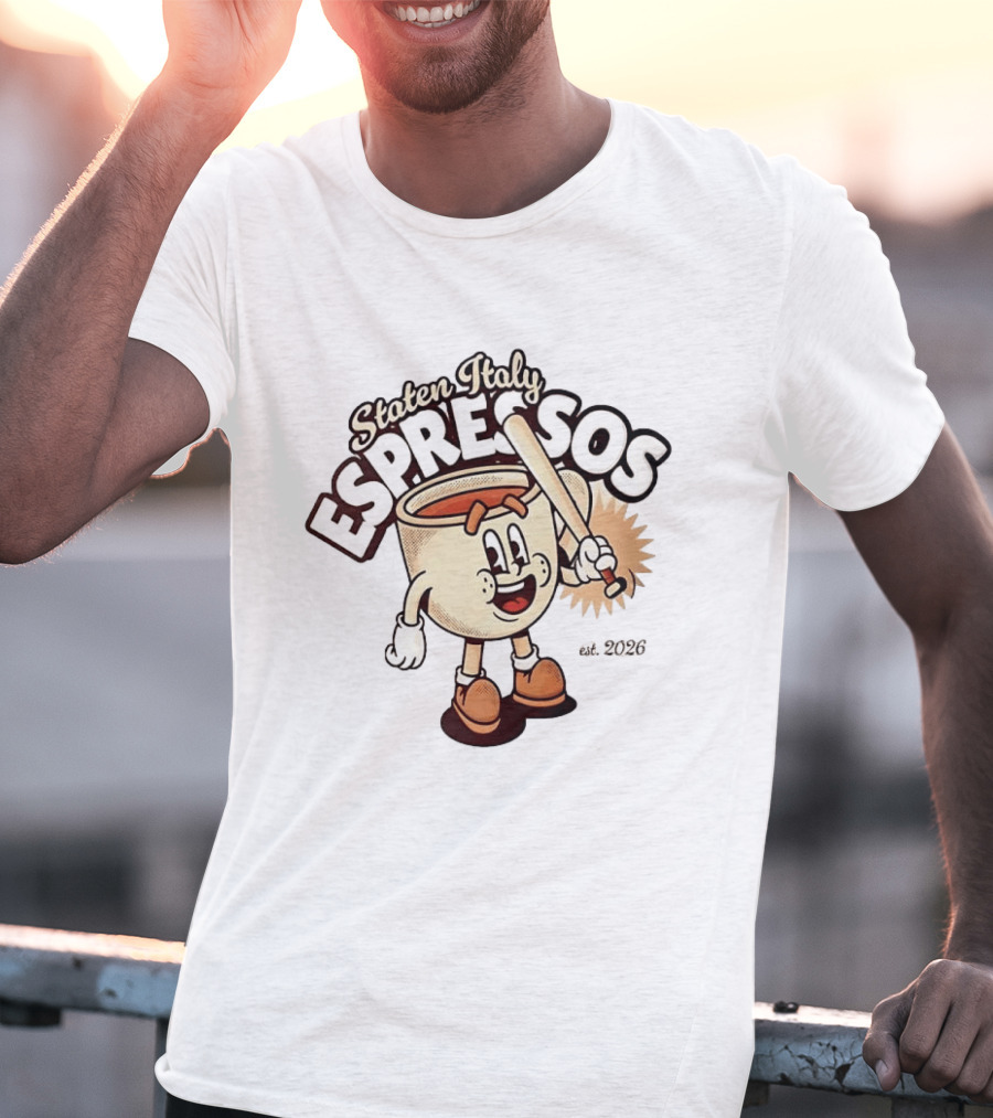 Staten Italy Espressos Est 2026 Cartoon Coffee Cup With Baseball Bat T-Shirt