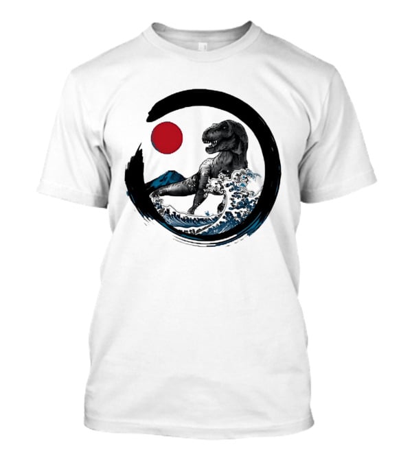 Tyrannosaurus Rex Riding Great Wave With Mount Fuji Enso And Red Sun T-Shirt