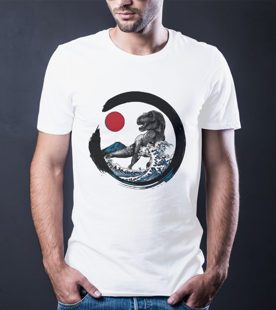 Tyrannosaurus Rex Riding Great Wave With Mount Fuji Enso And Red Sun T-Shirt