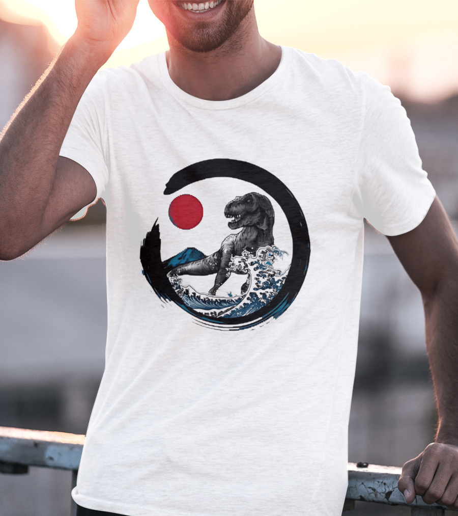 Tyrannosaurus Rex Riding Great Wave With Mount Fuji Enso And Red Sun T-Shirt