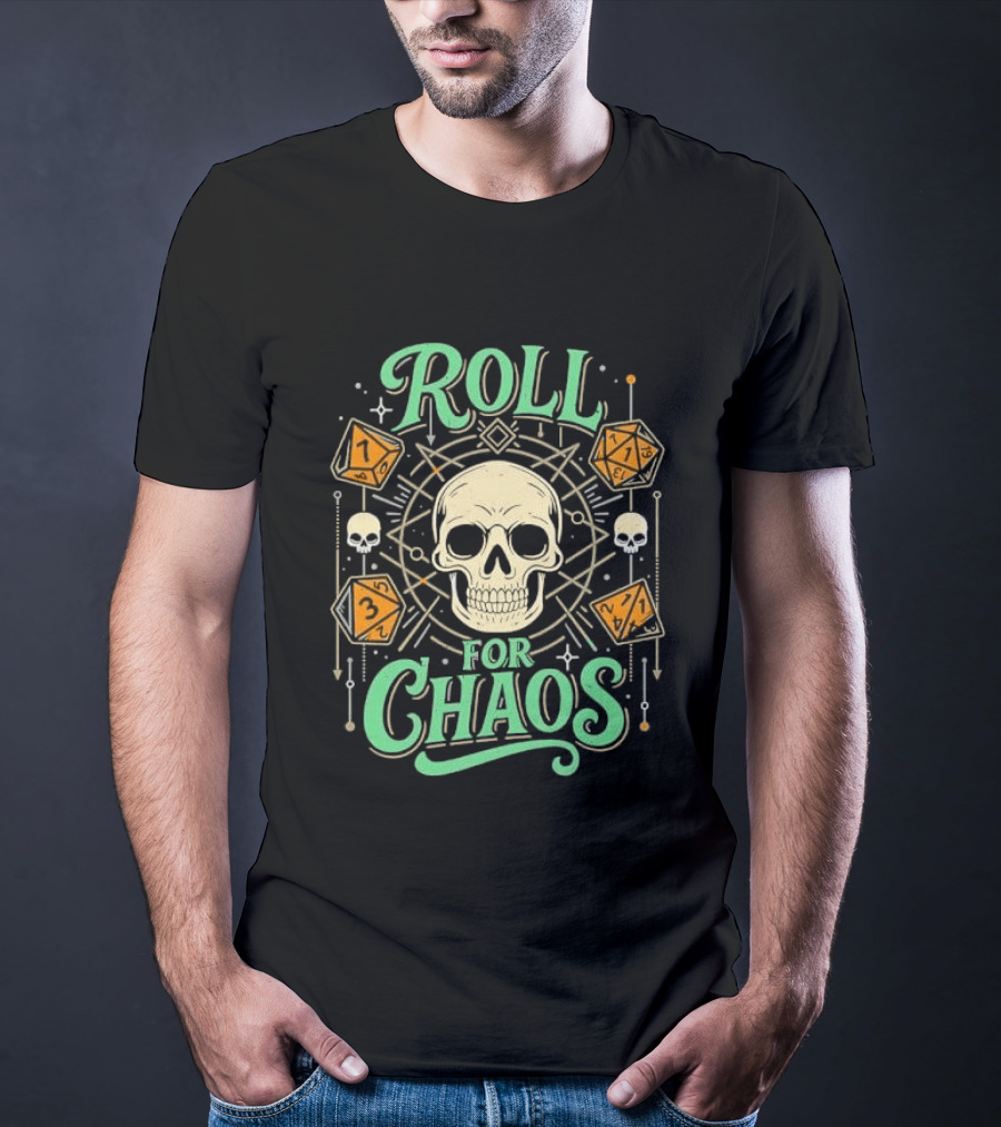 Roll For Chaos Skull RPG Dice Geometric Polyhedral Line T-Shirt