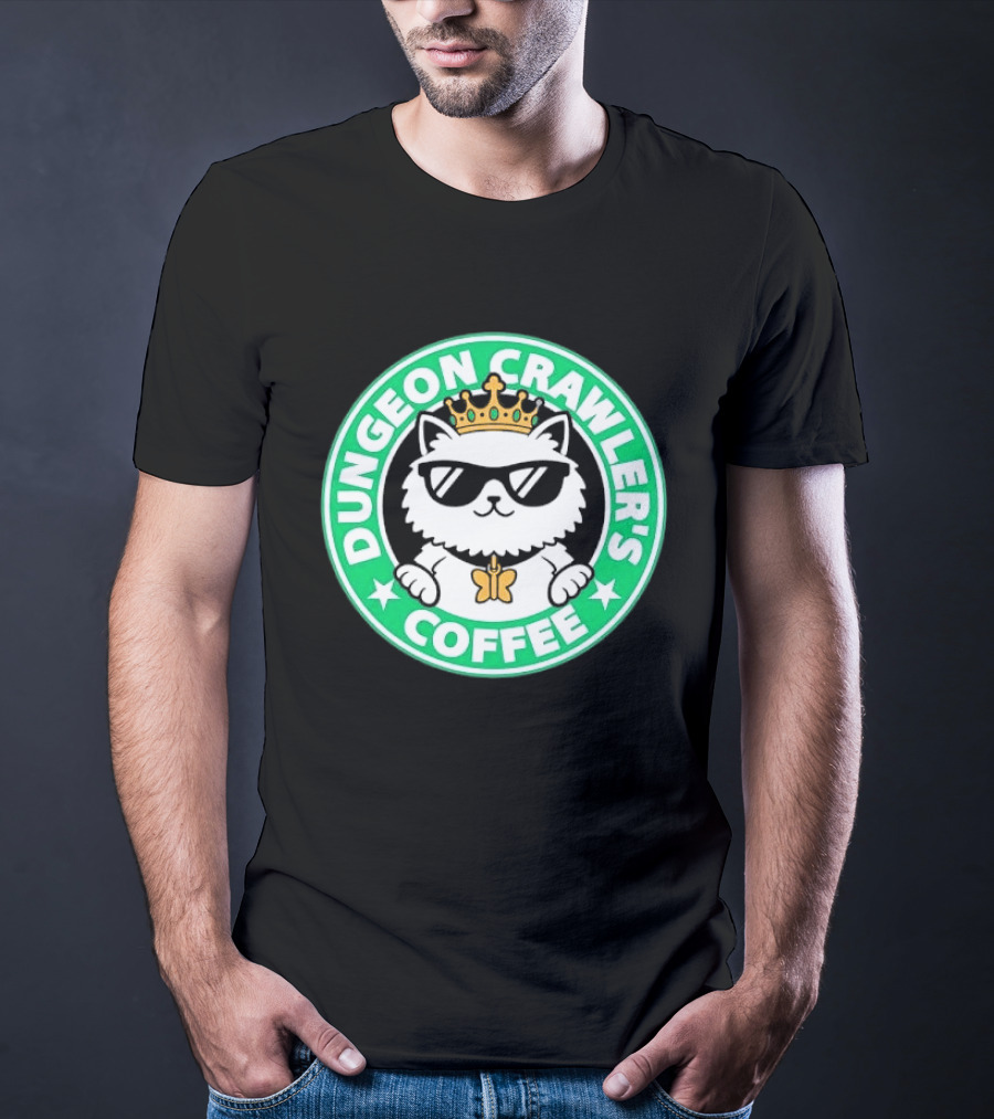 Dungeon Crawlers Coffee White Cat Crown Sunglasses T-Shirt
