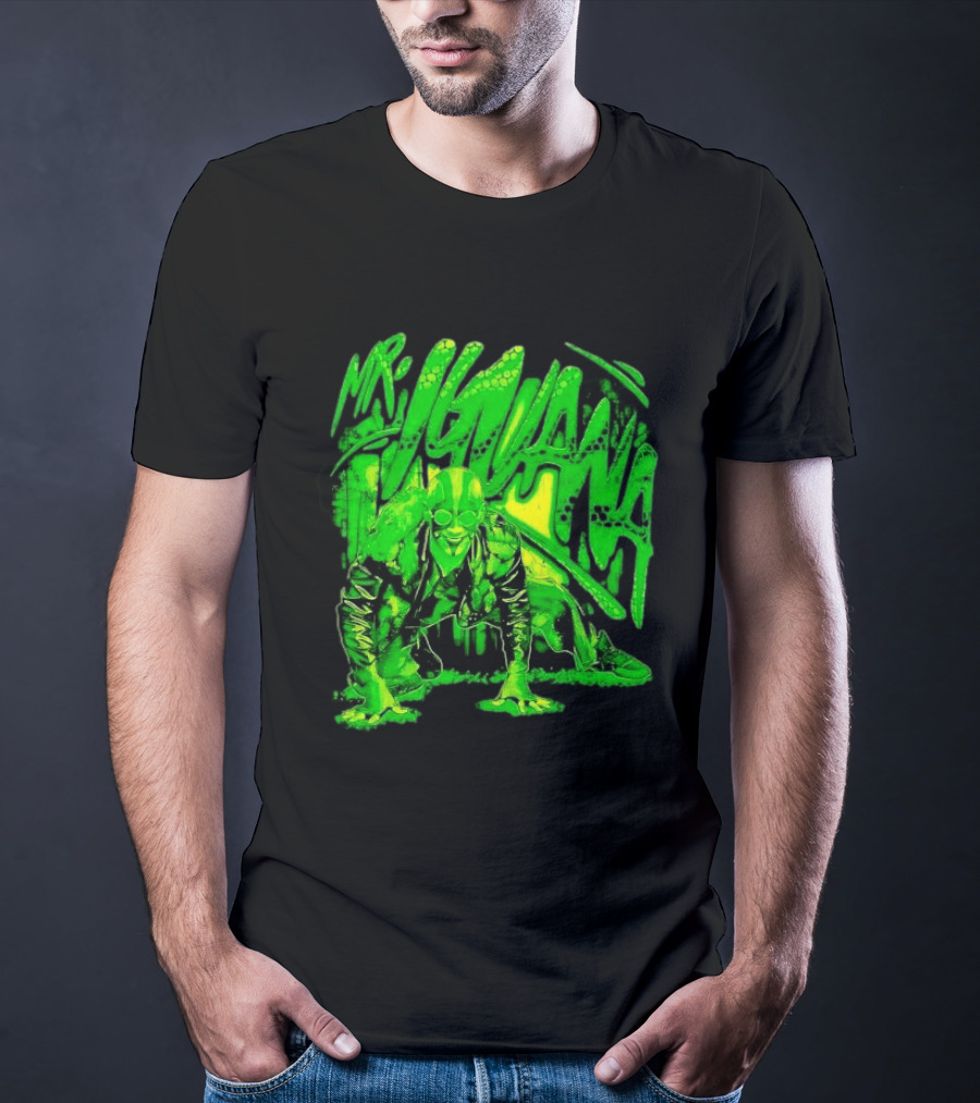 Mr Iguana Crouching Mexican Luchador Green Lizard Scale Graffiti T-Shirt