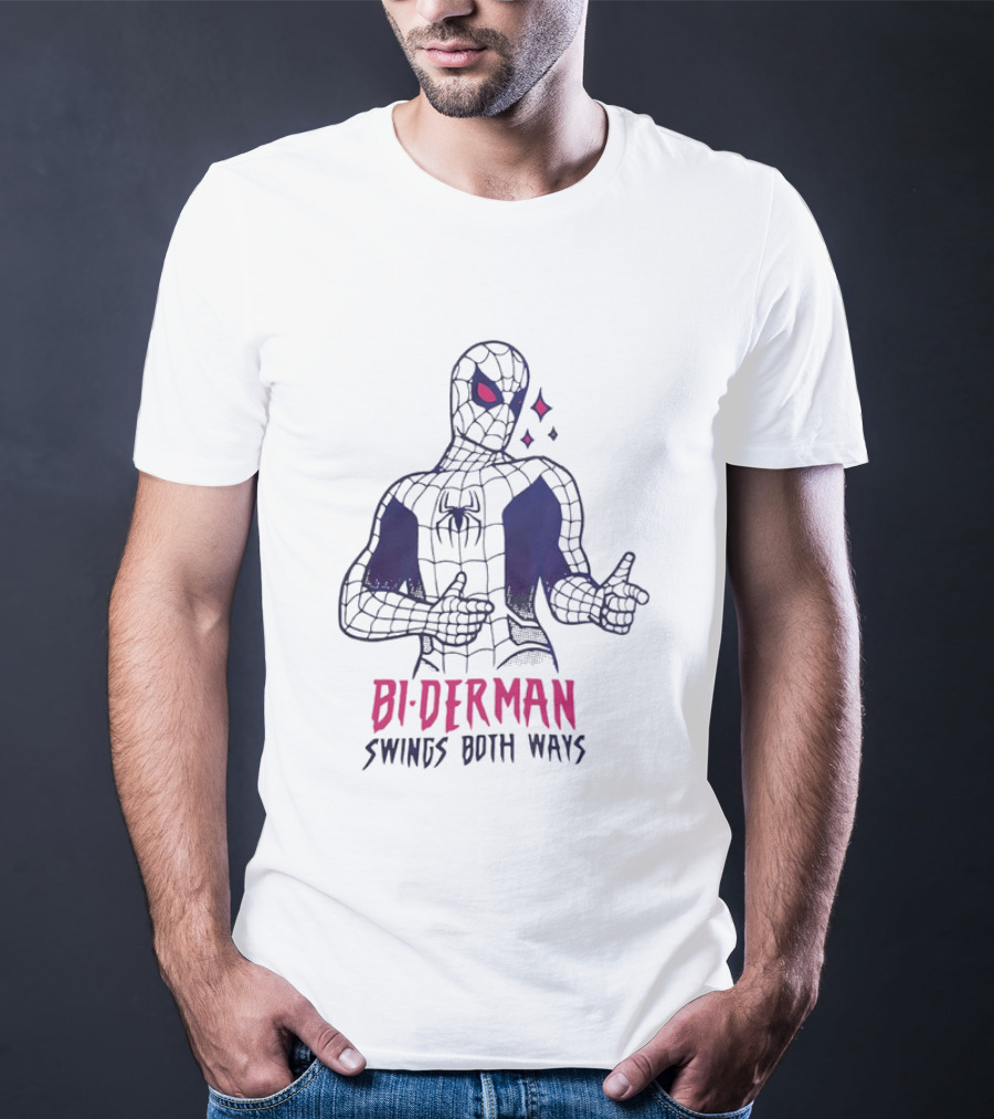 Bi Derman Swings Both Ways Spider Man LGBTQ Superhero T-Shirt