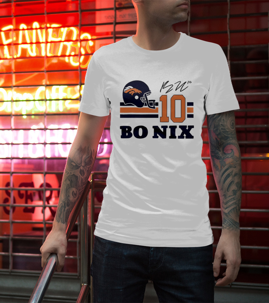 Denver Broncos Bo Nix 10 Football Helmet Horizontal Stripes T-Shirt