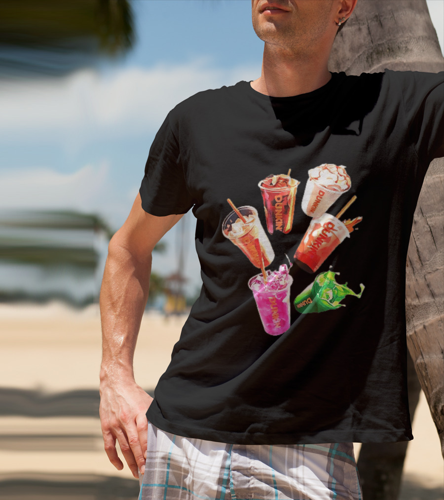 Dunkin Colorful Iced Coffee Beverages Splash With Straws T-Shirt