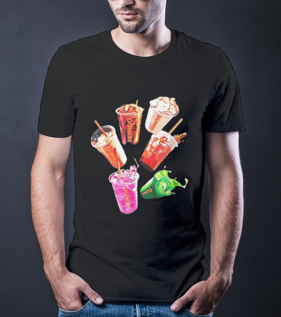 Dunkin Colorful Iced Coffee Beverages Splash With Straws T-Shirt