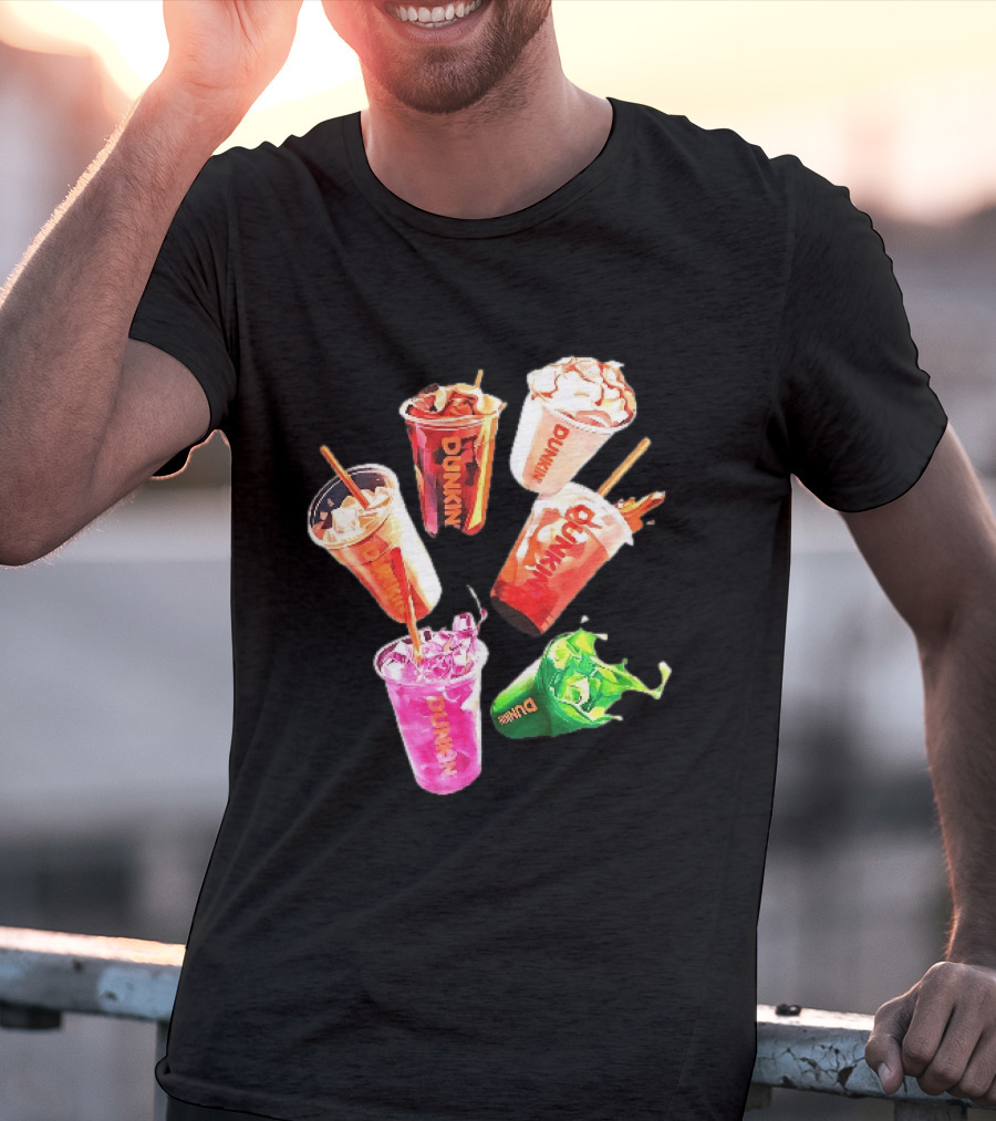 Dunkin Colorful Iced Coffee Beverages Splash With Straws T-Shirt