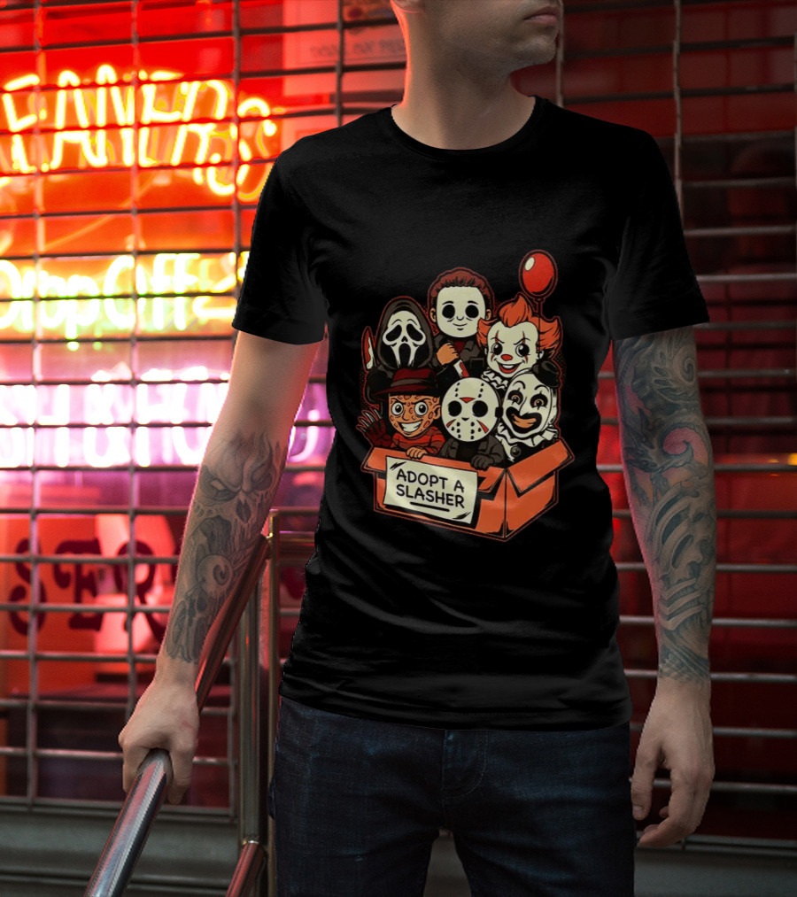 Adopt A Slasher Horror Characters Halloween Box With Iconic Balloon And Masked Monsters T-Shirt