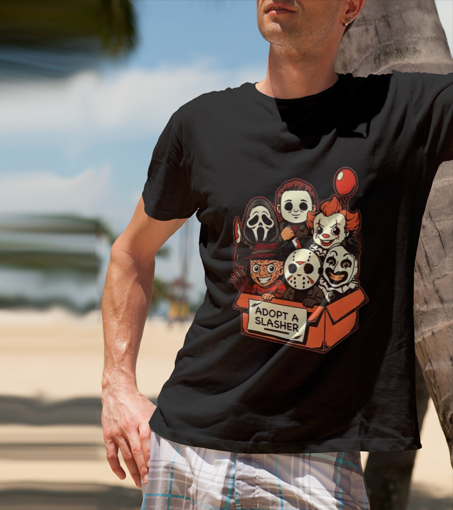 Adopt A Slasher Horror Characters Halloween Box With Iconic Balloon And Masked Monsters T-Shirt