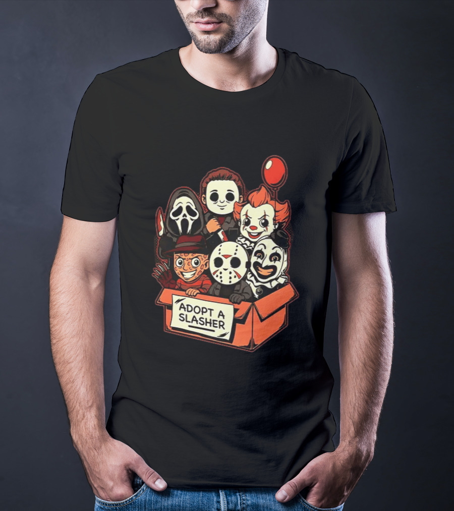 Adopt A Slasher Horror Characters Halloween Box With Iconic Balloon And Masked Monsters T-Shirt