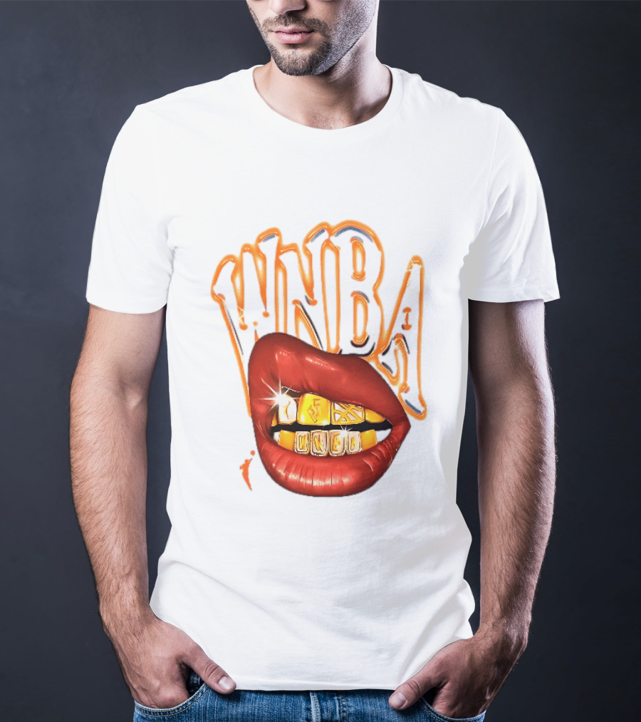 WNBA Red Lips Gold Teeth Grillz Glowing Chrome Lettering T-Shirt
