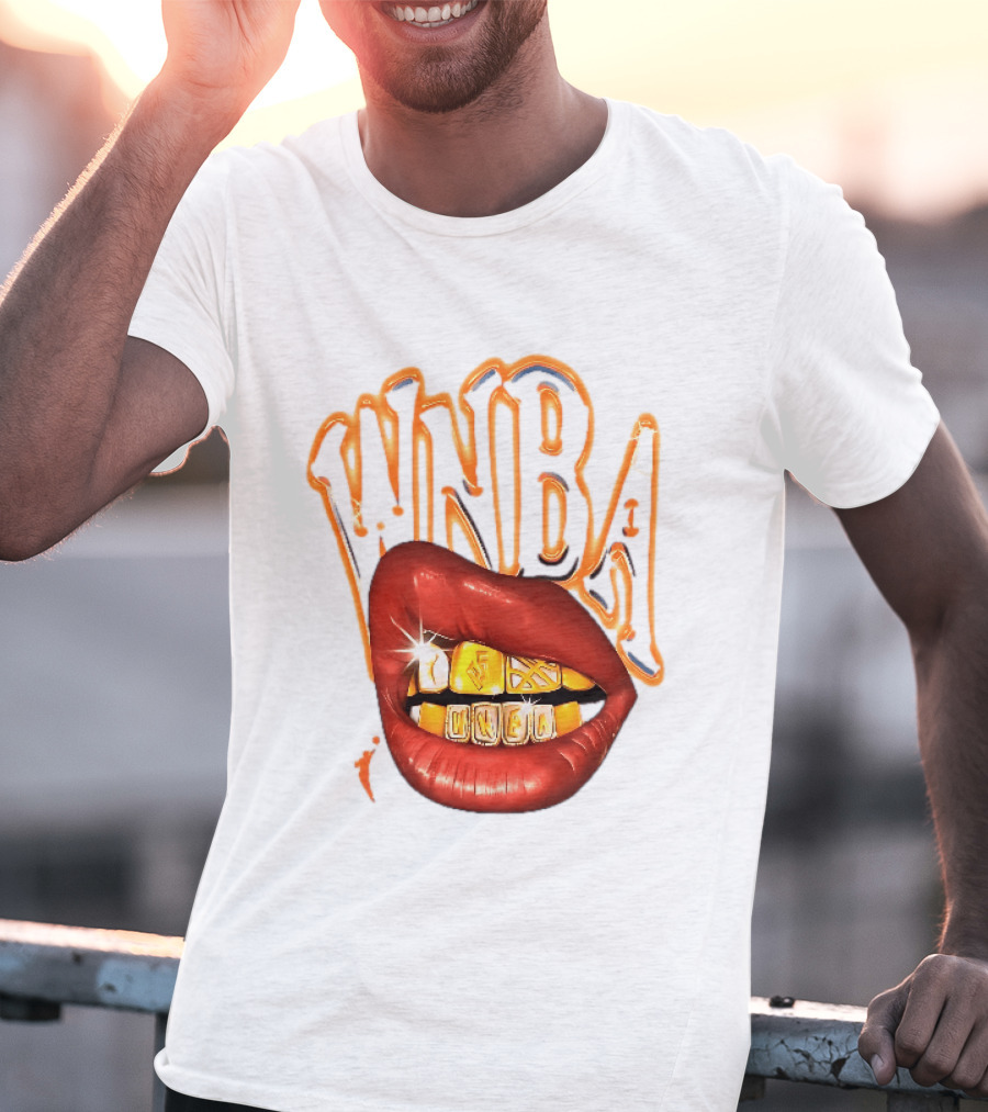 WNBA Red Lips Gold Teeth Grillz Glowing Chrome Lettering T-Shirt
