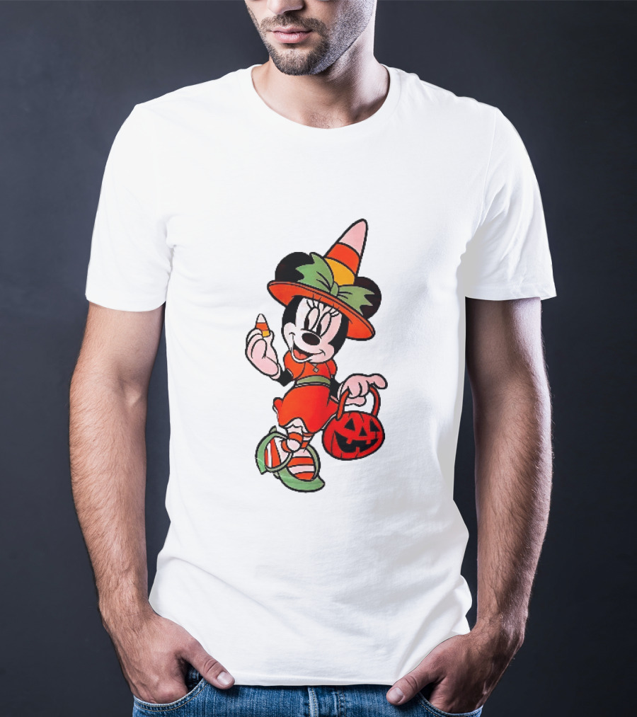 Disney Minnie Mouse Halloween Witch With Candy Corn And Pumpkin Bucket T-Shirt