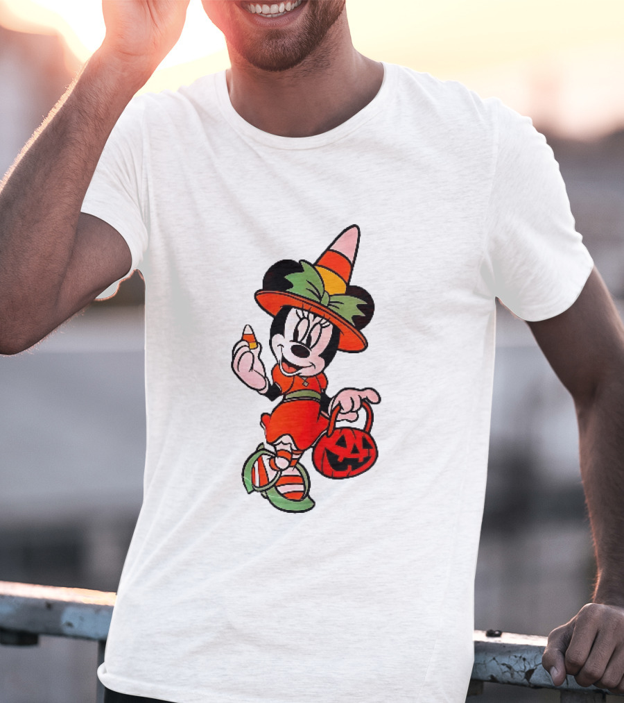 Disney Minnie Mouse Halloween Witch With Candy Corn And Pumpkin Bucket T-Shirt