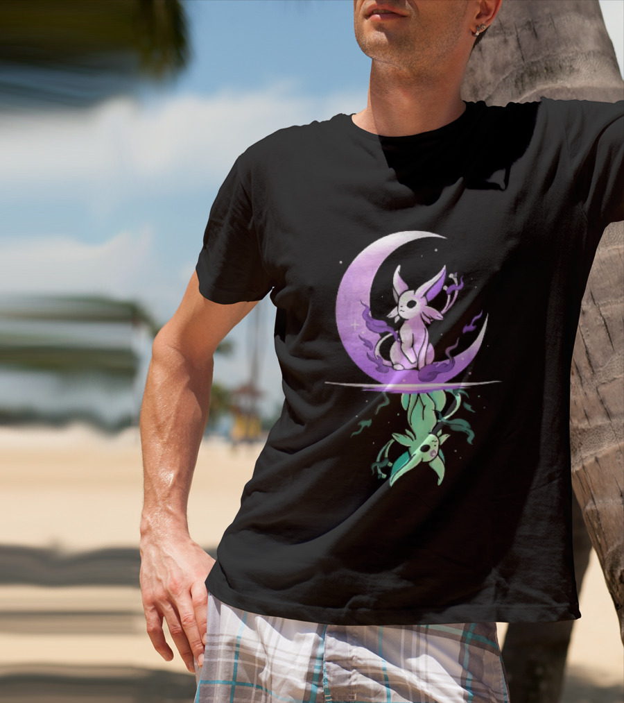 Cartoon Purple Espeon On Crescent Moon With Green Reflection T-Shirt