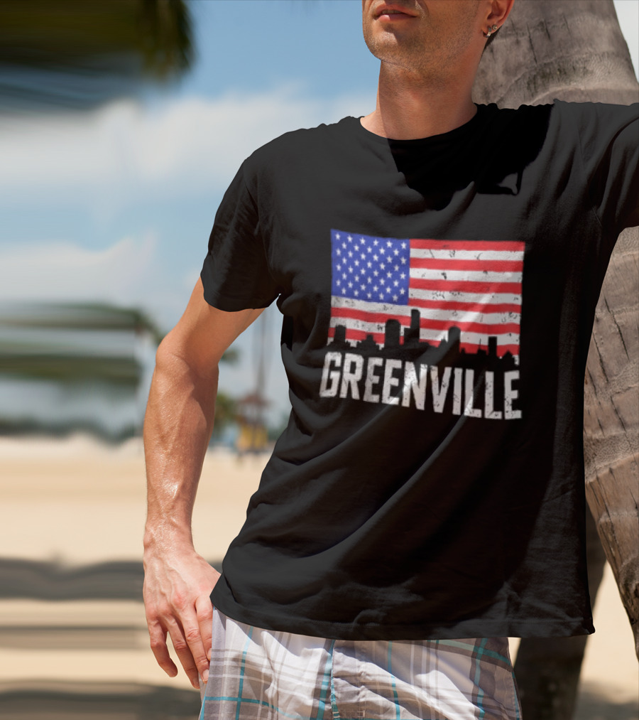 Greenville Skyline American Flag Cityscape T-Shirt