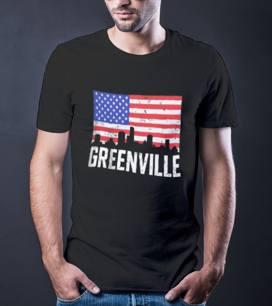 Greenville Skyline American Flag Cityscape T-Shirt
