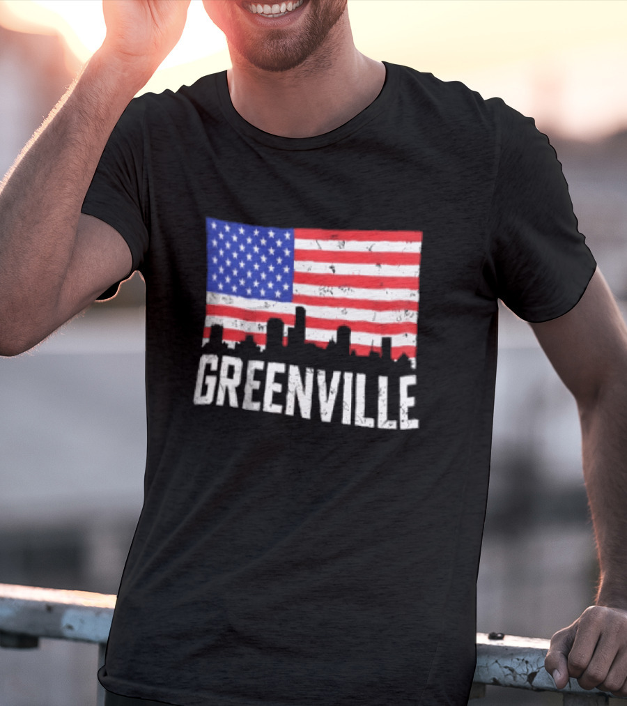 Greenville Skyline American Flag Cityscape T-Shirt