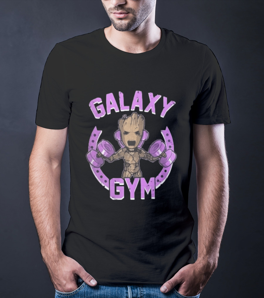 Galaxy Gym Cartoon Tree Lifting Dumbbells Headphones T-Shirt