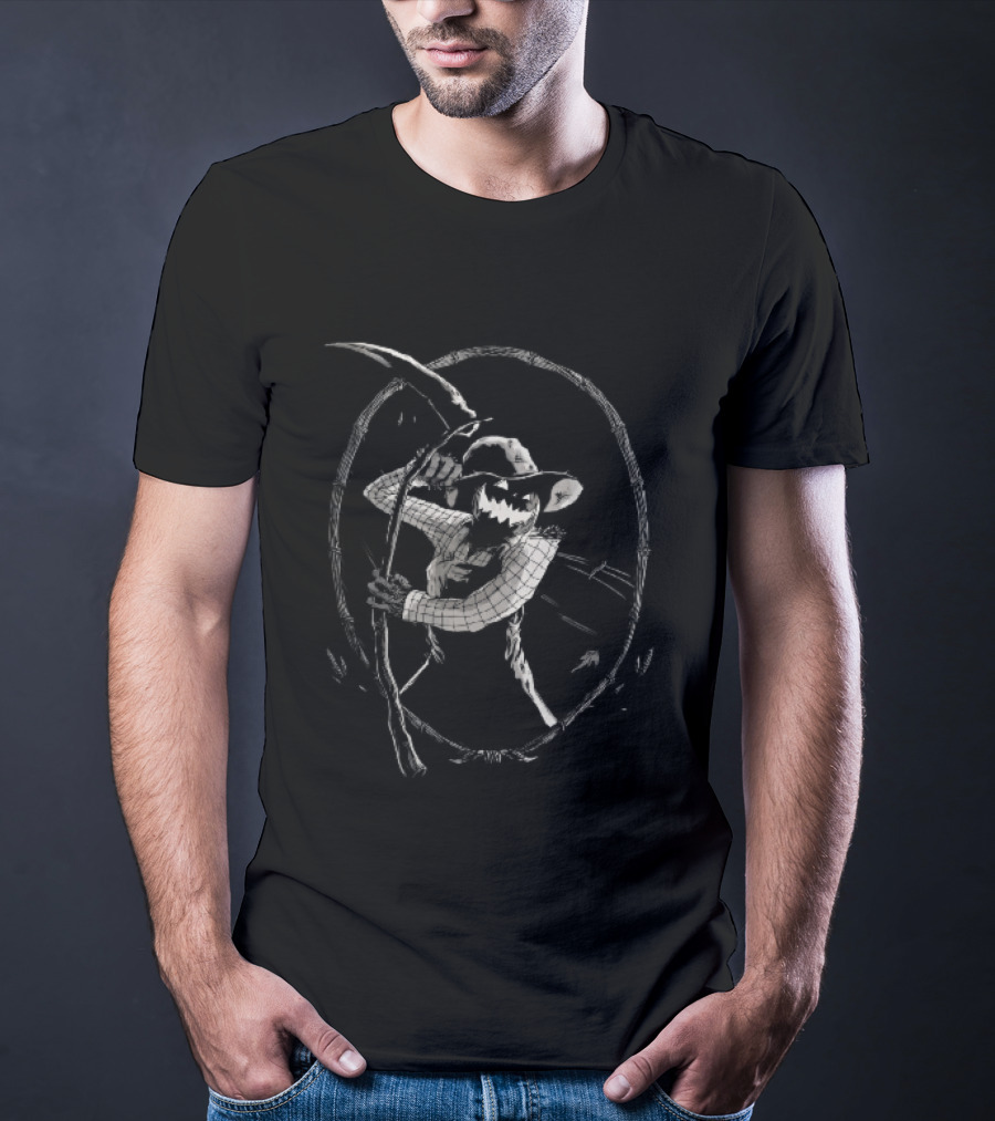 Jack O Lantern Scarecrow Holding Scythe Oval Twig Frame T-Shirt
