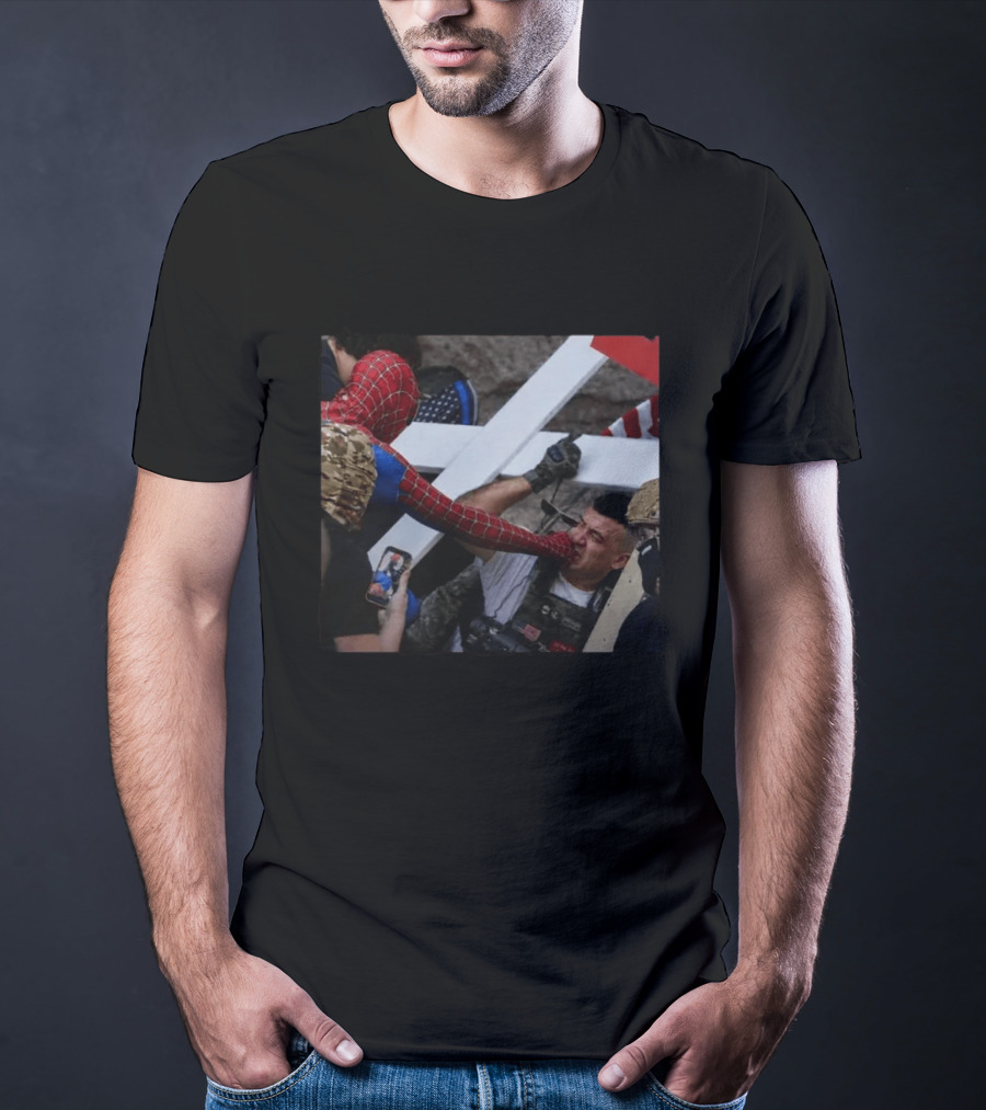 Spiderman Punching Man Holding Cross And Flag Image T-Shirt