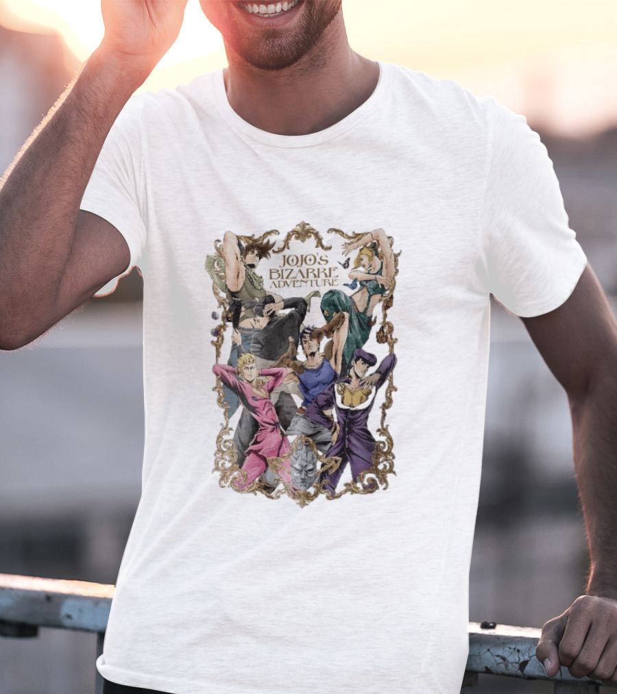 JoJo's Bizarre Adventure Characters Posing In Ornate Gold Frame With Stone Mask T-Shirt