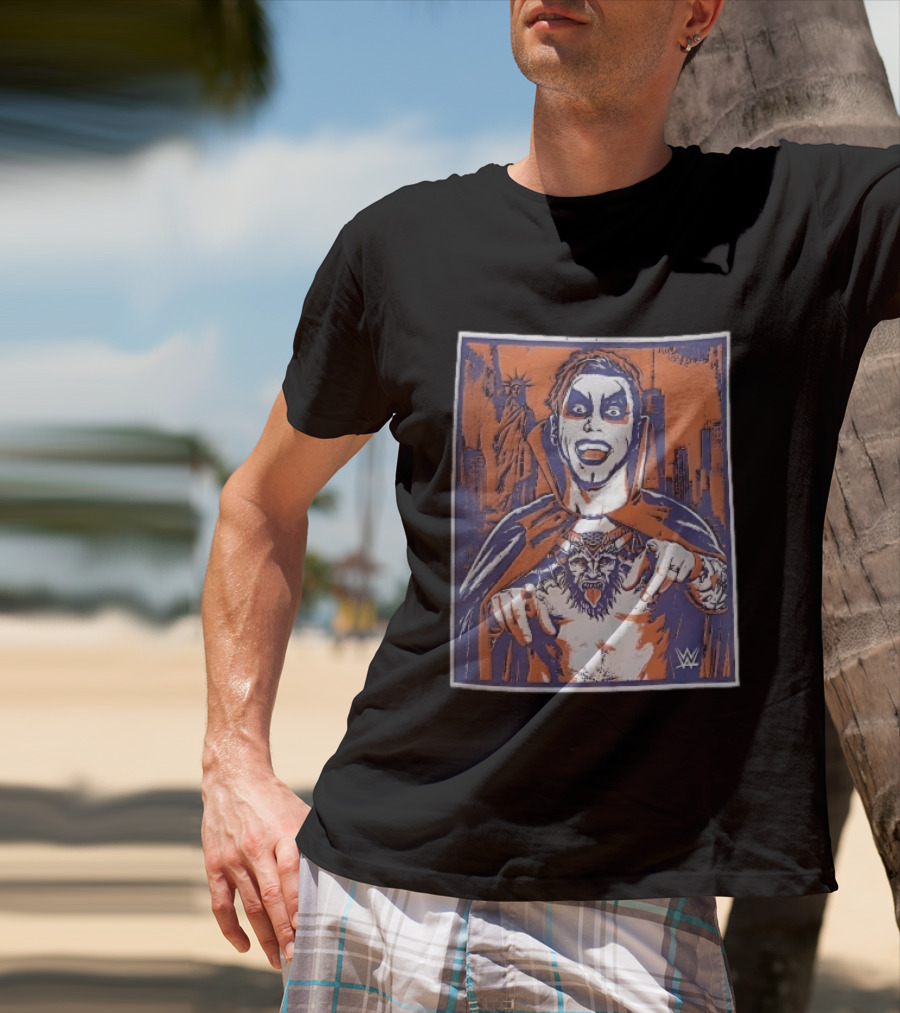 WWE Facepaint Wrestler At Liberty Statue Skyline With Demon Tattoo T-Shirt