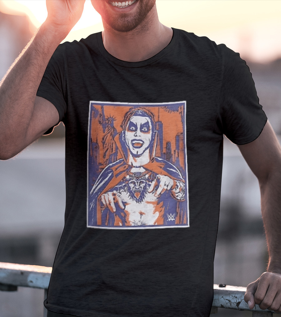 WWE Facepaint Wrestler At Liberty Statue Skyline With Demon Tattoo T-Shirt