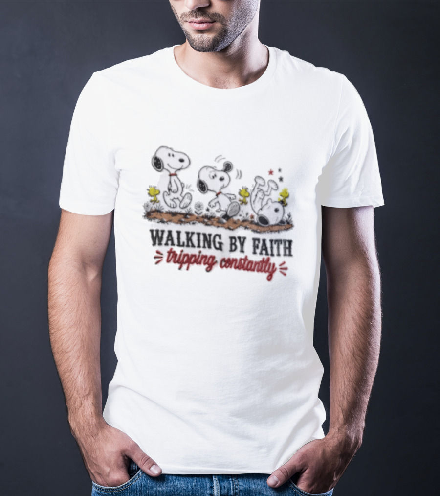 Snoopy Walking By Faith Tripping Constantly With Woodstock Friends T-Shirt