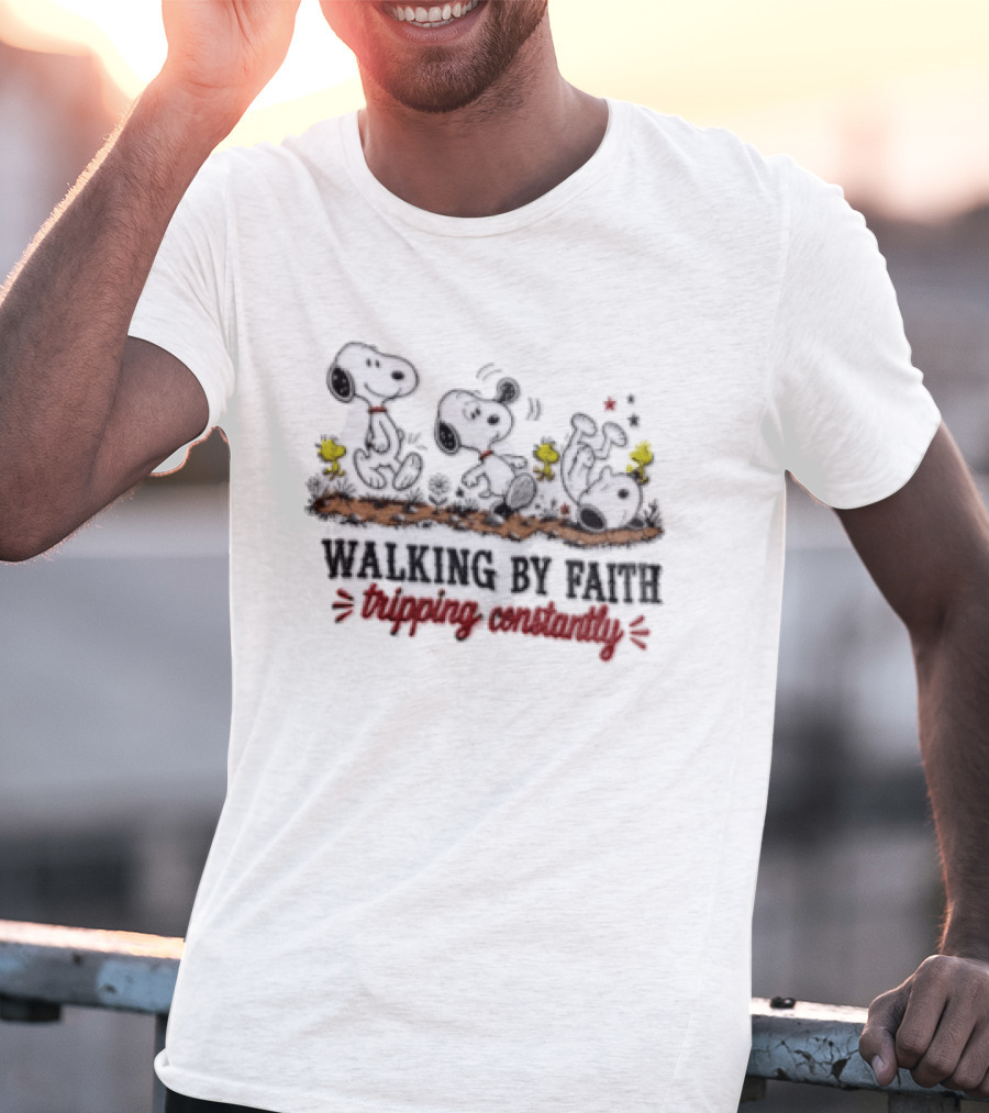 Snoopy Walking By Faith Tripping Constantly With Woodstock Friends T-Shirt