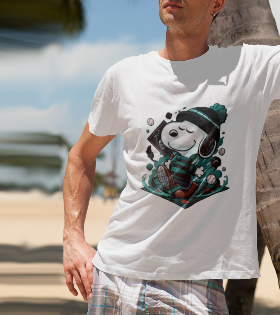 Miami Marlins MLB Snoopy Walking Teal Winter Beanie Striped Baseballs T-Shirt