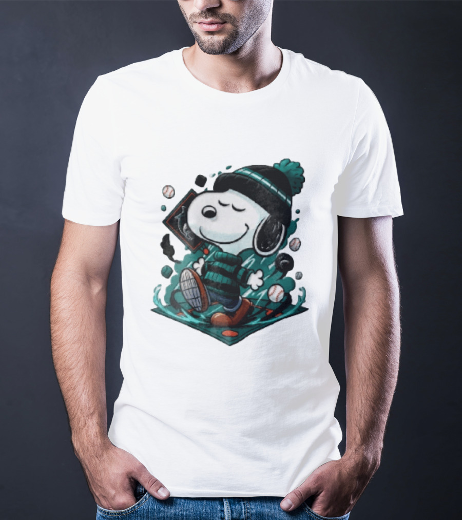 Miami Marlins MLB Snoopy Walking Teal Winter Beanie Striped Baseballs T-Shirt
