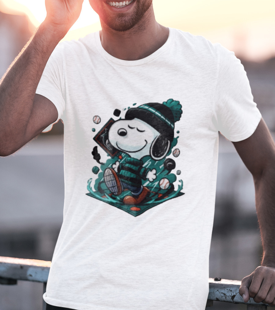 Miami Marlins MLB Snoopy Walking Teal Winter Beanie Striped Baseballs T-Shirt