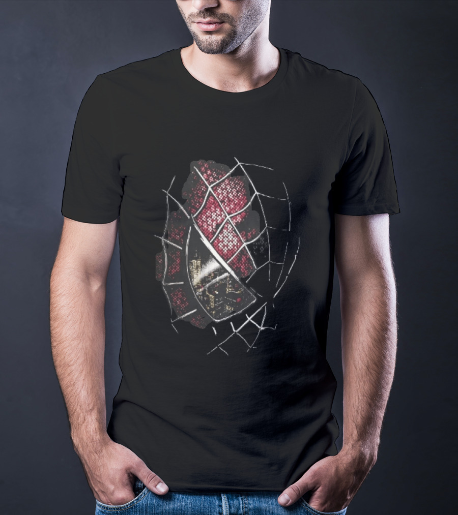 Spider Man Mask With City Skyline Reflection In Night Sketch Lines T-Shirt