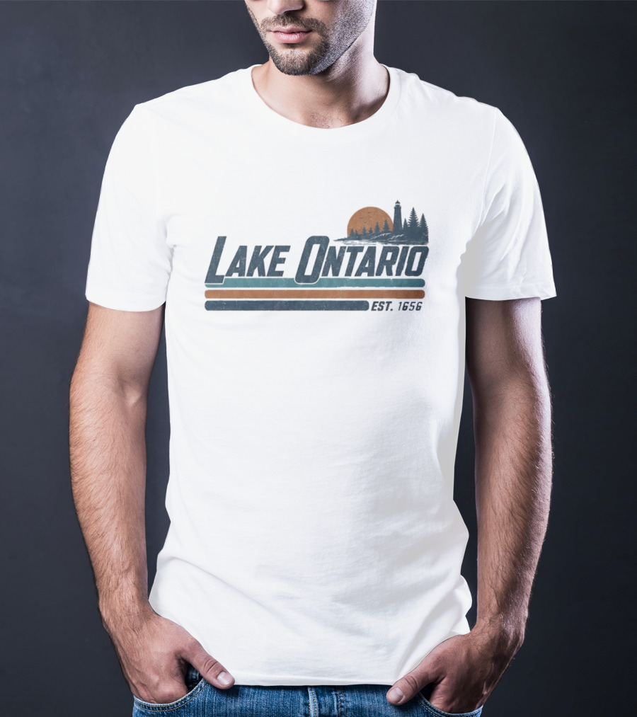 Lake Ontario Established 1956 Vintage Stripe Sunset With Lighthouse And Trees T-Shirt
