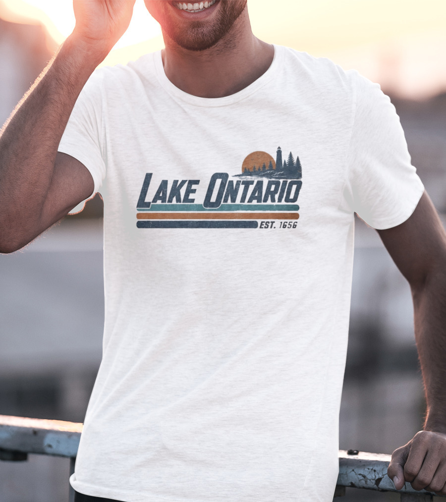 Lake Ontario Established 1956 Vintage Stripe Sunset With Lighthouse And Trees T-Shirt