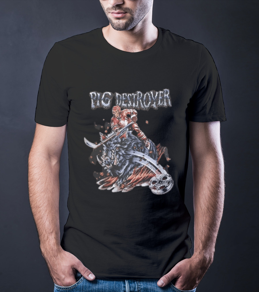 Pig Destroyer Skeleton Hockey Player Riding Wild Boar Skull Puck T-Shirt