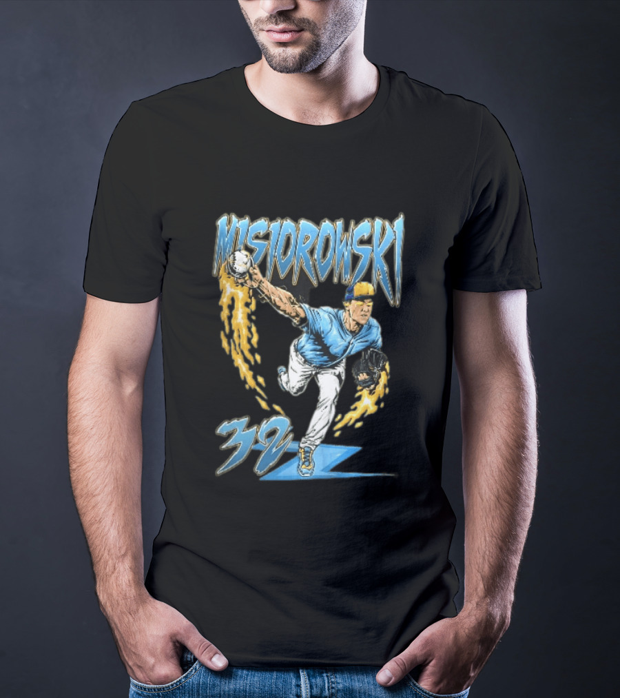 Misiorowski 32 Baseball Pitcher Throwing Flaming Ball In Action T-Shirt