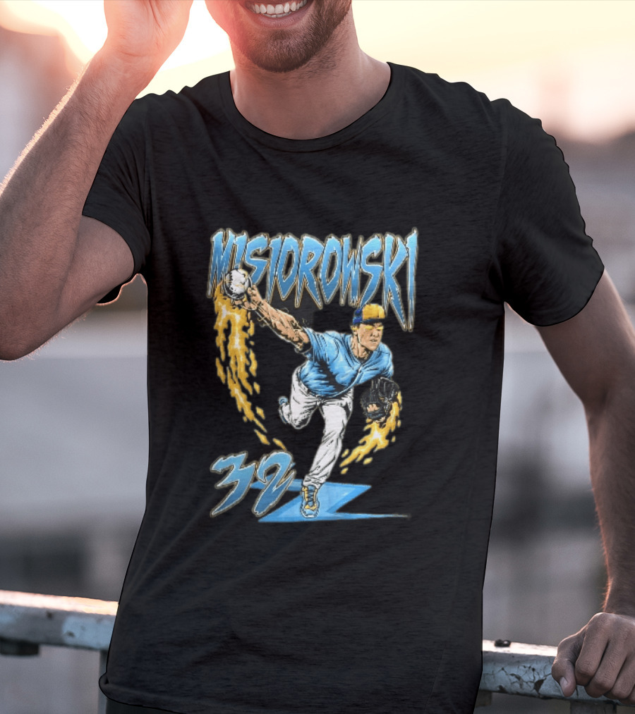 Misiorowski 32 Baseball Pitcher Throwing Flaming Ball In Action T-Shirt