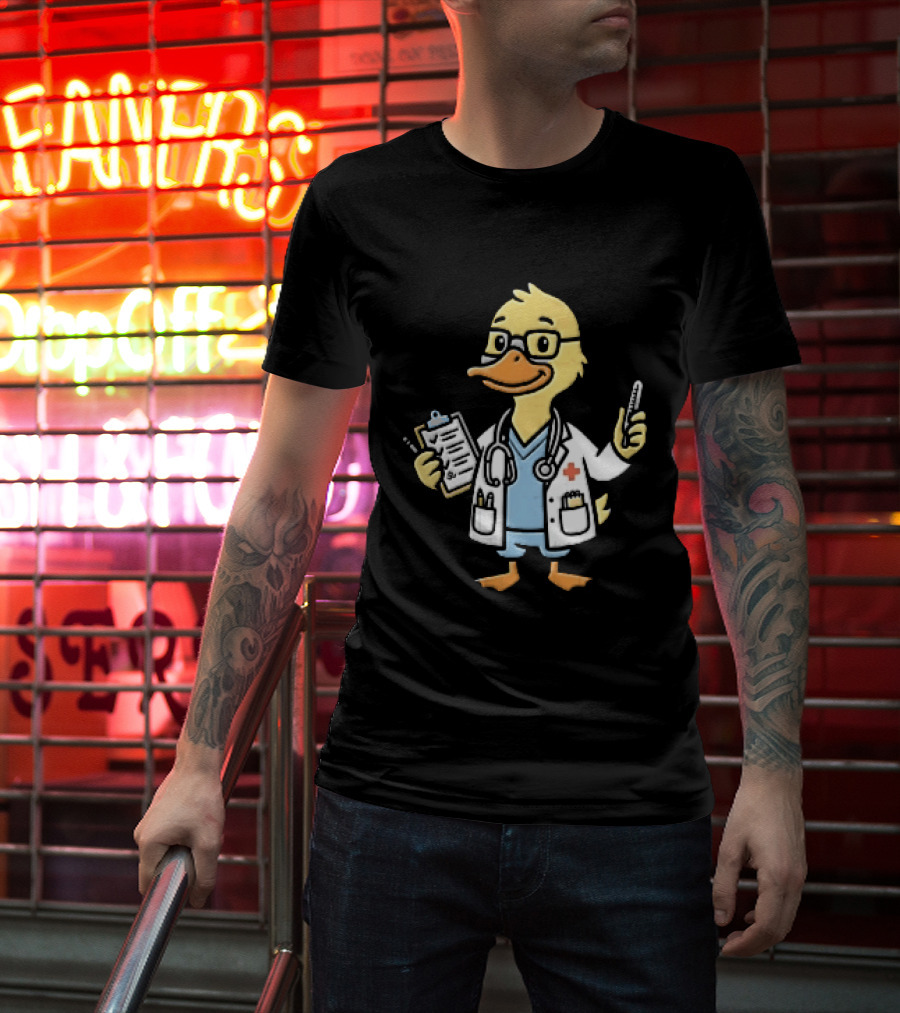 Cartoon Yellow Duck Doctor With Stethoscope Thermometer And Clipboard T-Shirt