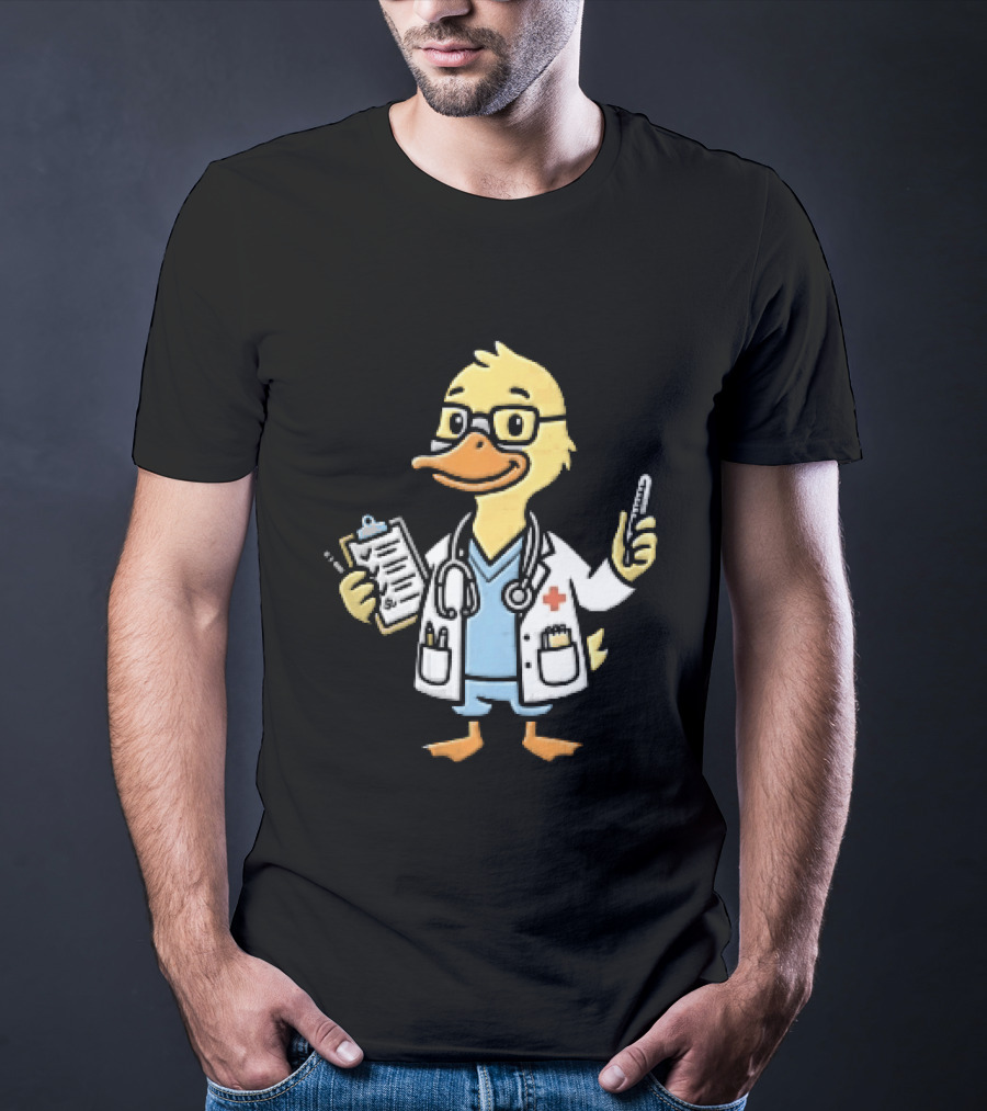 Cartoon Yellow Duck Doctor With Stethoscope Thermometer And Clipboard T-Shirt